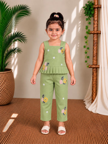 (ETTP004) Charming Floral Embroidered Green Peplum Top and Trouser Set