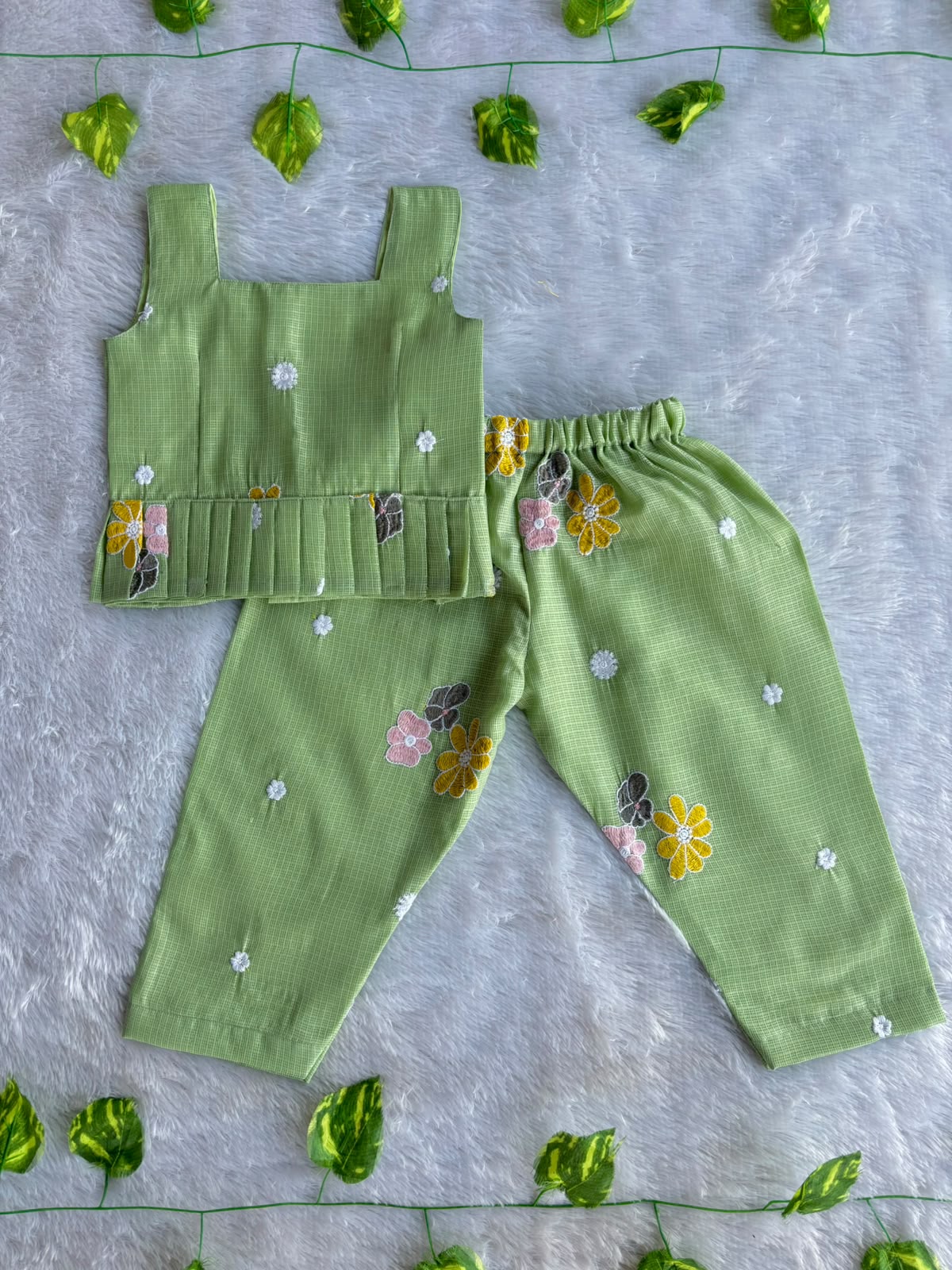 (ETTP004) Charming Floral Embroidered Green Peplum Top and Trouser Set