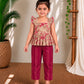 (ETTP005) Elegant Ruffle-Sleeved Floral Peplum Top with Striped Trousers Set