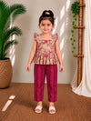 (ETTP005) Elegant Ruffle-Sleeved Floral Peplum Top with Striped Trousers Set