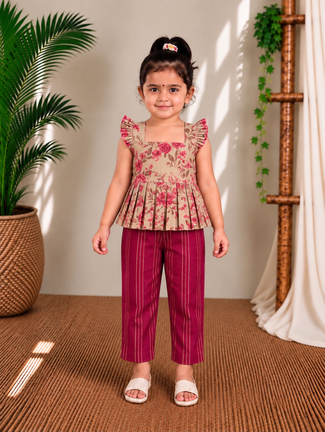 (ETTP005) Elegant Ruffle-Sleeved Floral Peplum Top with Striped Trousers Set