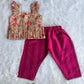 (ETTP005) Elegant Ruffle-Sleeved Floral Peplum Top with Striped Trousers Set