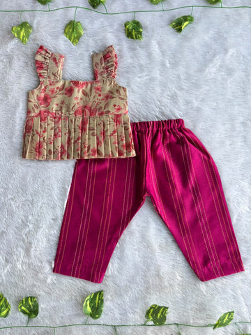 (ETTP005) Elegant Ruffle-Sleeved Floral Peplum Top with Striped Trousers Set