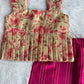 (ETTP005) Elegant Ruffle-Sleeved Floral Peplum Top with Striped Trousers Set