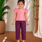 (ETTP006) Graceful Ruffle-Sleeve Pink Top with Brocade Trousers Set