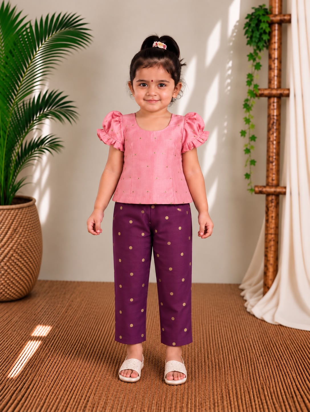 (ETTP006) Graceful Ruffle-Sleeve Pink Top with Brocade Trousers Set