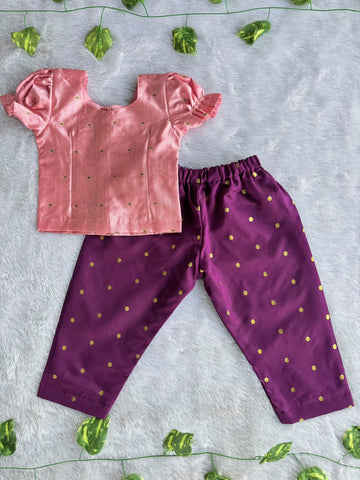 (ETTP006) Graceful Ruffle-Sleeve Pink Top with Brocade Trousers Set
