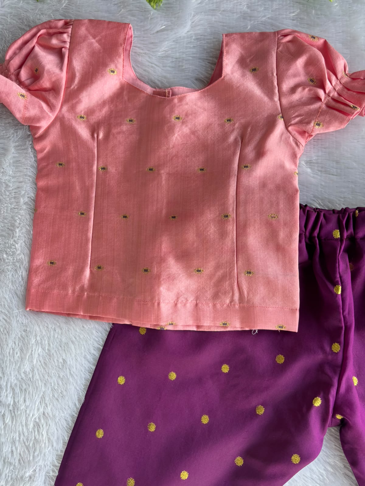 (ETTP006) Graceful Ruffle-Sleeve Pink Top with Brocade Trousers Set