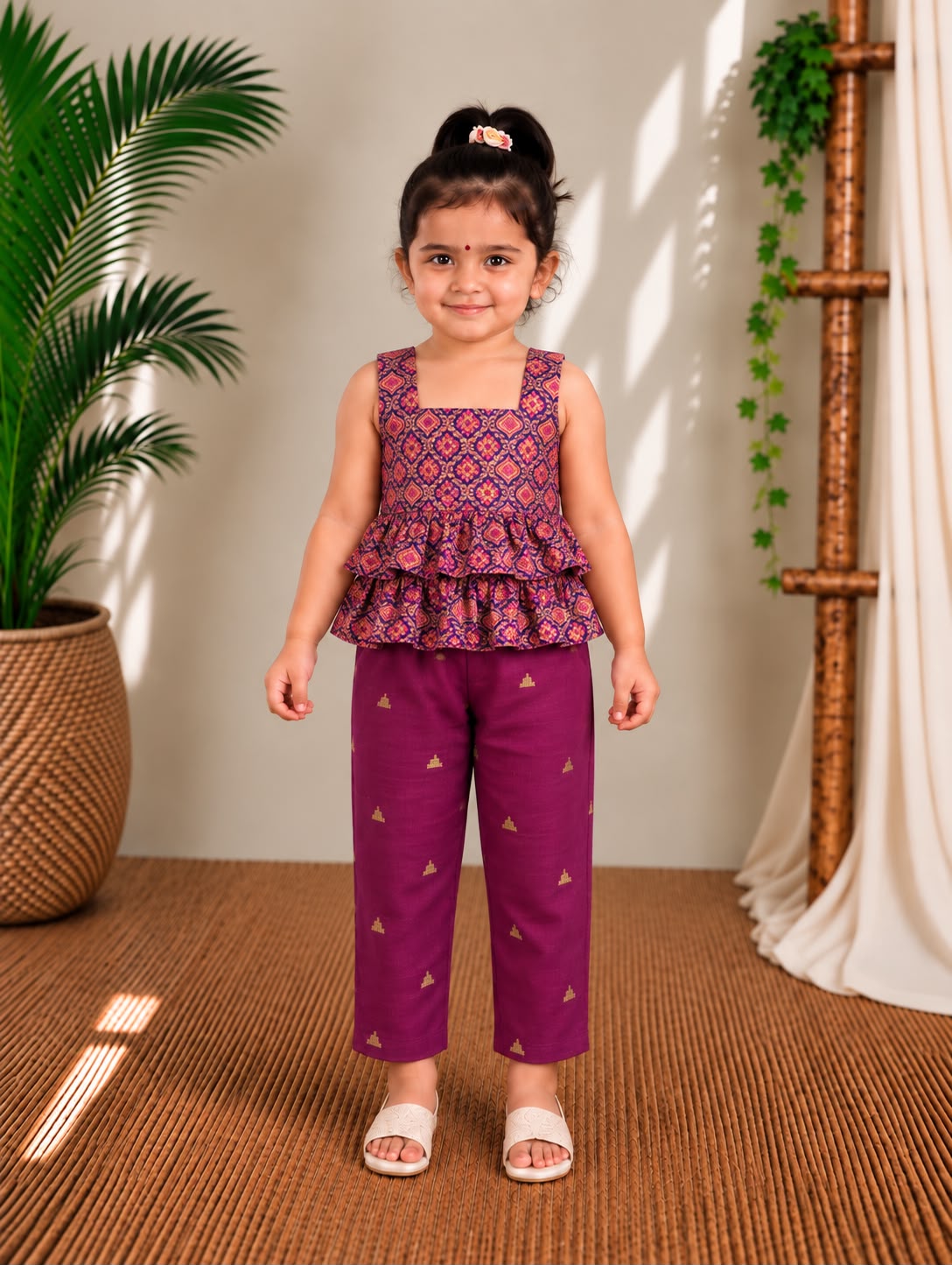 (ETTP007) Vibrant Bandhani-Print Layered Peplum Top with Brocade Trousers Set