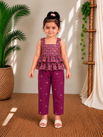 (ETTP007) Vibrant Bandhani-Print Layered Peplum Top with Brocade Trousers Set