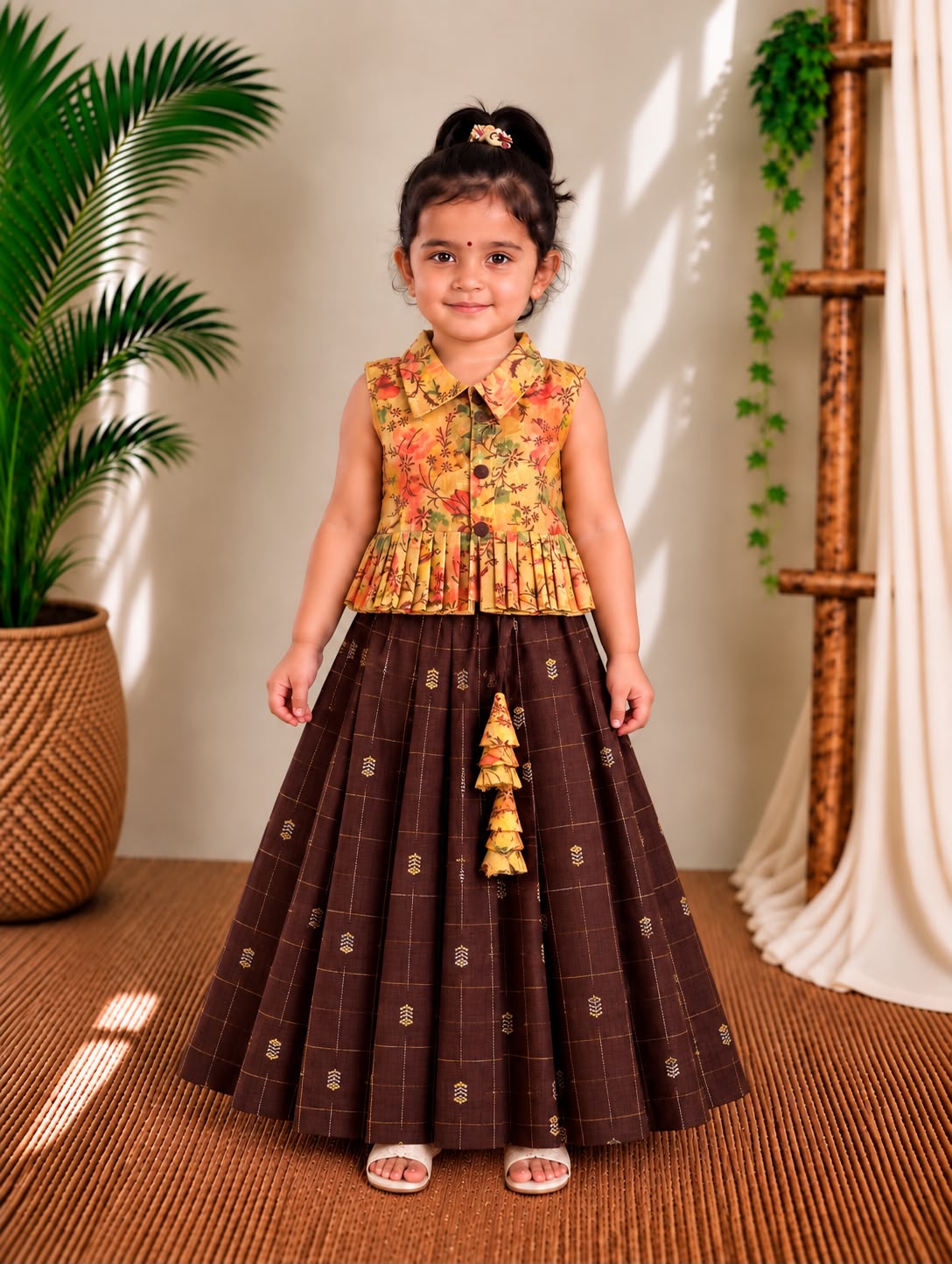 (ETTS053) Autumn Floral Peplum Top with Brocade Lehenga Skirt Set