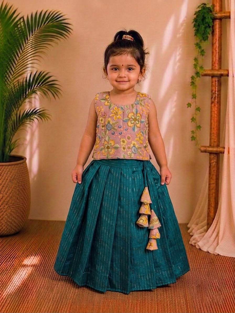 (ETTS002) Sequence and Raw Silk Girls Top & Skirt Set