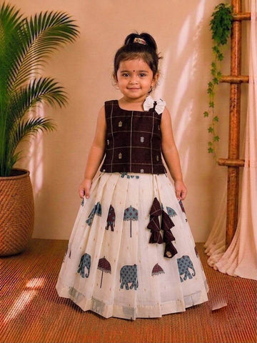 (ETTS005)  Chanderi Weaves Elephant Print Ethnic Lehenga Set