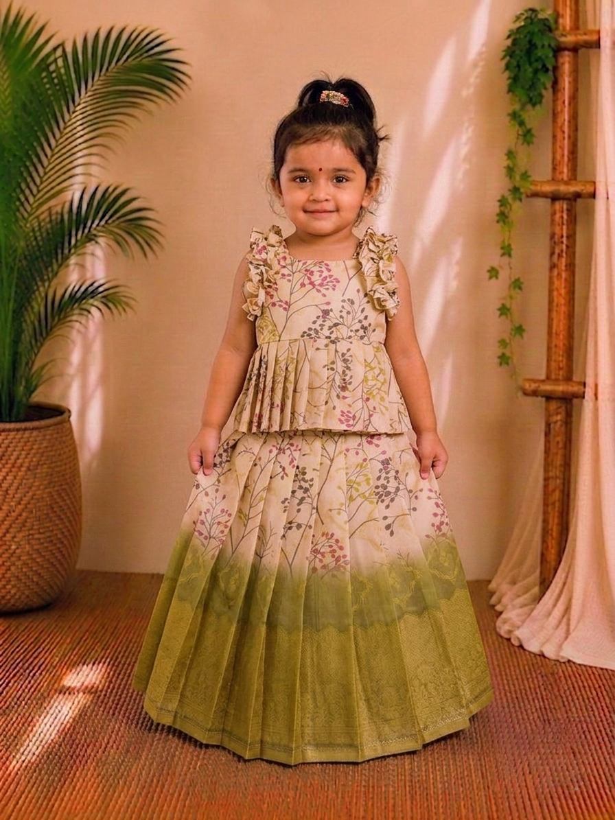 (ETTS007) Pastel Green floral Tissue weaves Top & Skirt Set