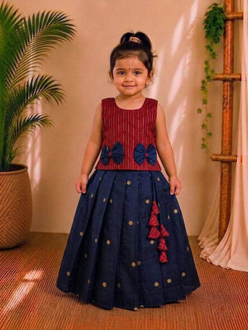 (ETTS009) Raw Silk Striped Ethnic Top & Skirt Set