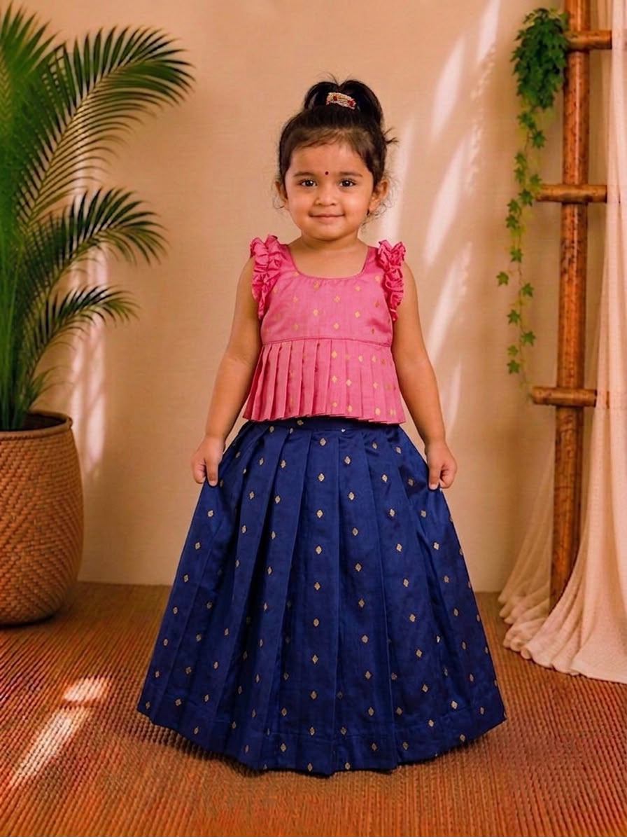 (ETTS013)Vibrant Pink and Royal Blue Ethnic Pattu Pavadai Set