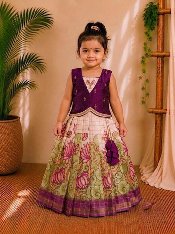 (ETTS020)Elegant Lotus Print Purple and Cream Ethnic Lehenga Set