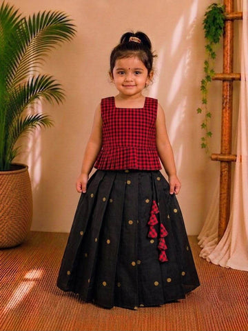(ETTS023)Charming Red & Black Checked Pattu Pavadai Set