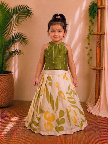 (ETTS026) Olive Green and Off-White Floral Printed Set
