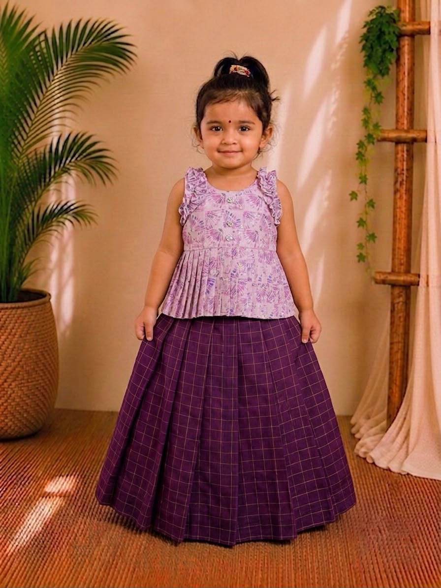 (ETTS028) Kids Floral Ruffled Peplum Top with Checked Long Skirt Set