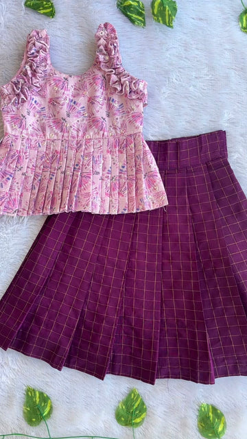 (ETTS028) Kids Floral Ruffled Peplum Top with Checked Long Skirt Set