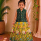 (ETTS029)Elegant forest green checkered and yellow Kalamkari lotus print  lehenga set.