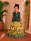 (ETTS029)Elegant forest green checkered and yellow Kalamkari lotus print  lehenga set.