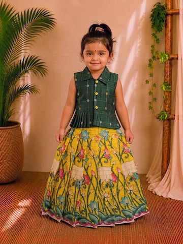 (ETTS029)Elegant forest green checkered and yellow Kalamkari lotus print  lehenga set.