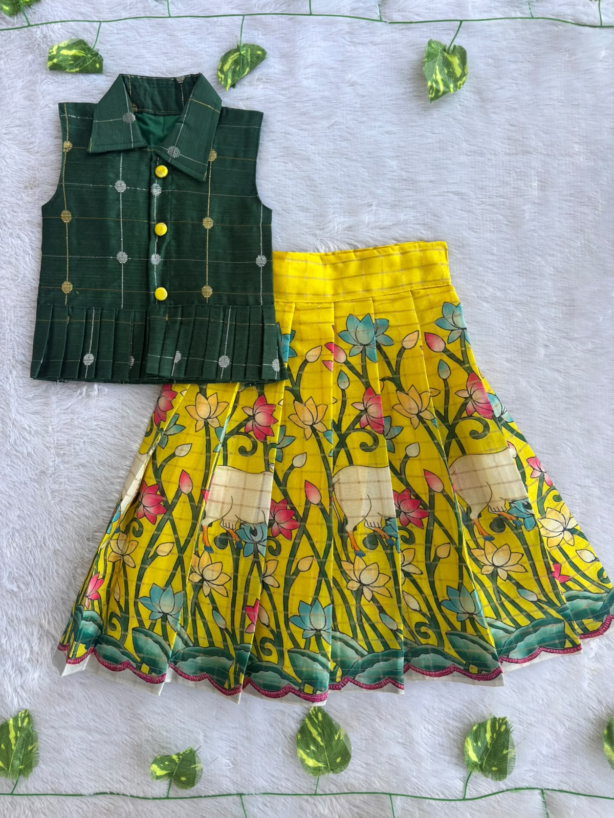 (ETTS029)Elegant forest green checkered and yellow Kalamkari lotus print  lehenga set.