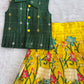(ETTS029)Elegant forest green checkered and yellow Kalamkari lotus print  lehenga set.