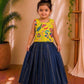 (ETTS030) Bright yellow floral print and solid navy blue pleated  set.