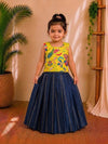 (ETTS030) Bright yellow floral print and solid navy blue pleated  set.