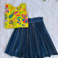 (ETTS030) Bright yellow floral print and solid navy blue pleated  set.