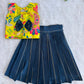 (ETTS030) Bright yellow floral print and solid navy blue pleated  set.