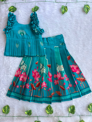 (ETTS031)Elegant peacock blue lotus & Pichwai print Set