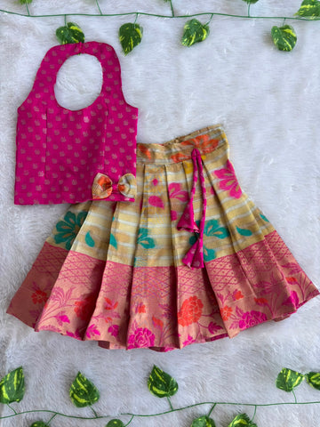 (ETTS032) Traditional magenta and cream brocade flared pattu pavadai  set.