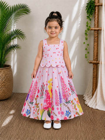 (ETTS033)Charming Floral Print Scalloped Hem Crop Top and Long Skirt Set