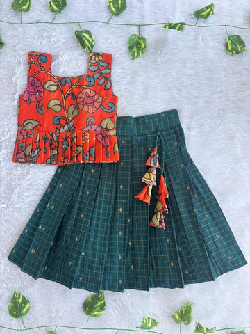(ETTS035)Vibrant Floral Peplum and Checked Skirt Ethnic Set