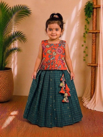 (ETTS035)Vibrant Floral Peplum and Checked Skirt Ethnic Set
