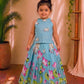 (ETTS036) Sky Blue Lotus & Cow Printed Top and Lehenga Set