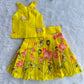 (ETTS037) Bright Yellow Lotus & Cow Printed Top and Lehenga Set