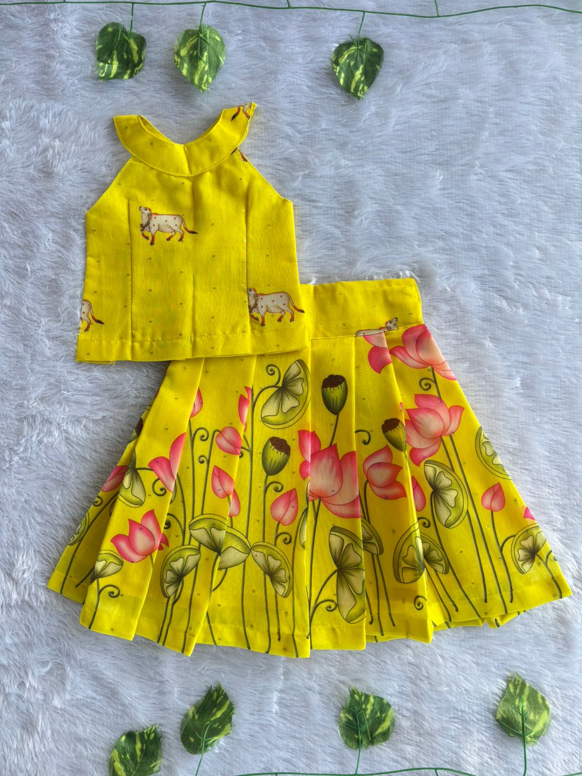 (ETTS037) Bright Yellow Lotus & Cow Printed Top and Lehenga Set