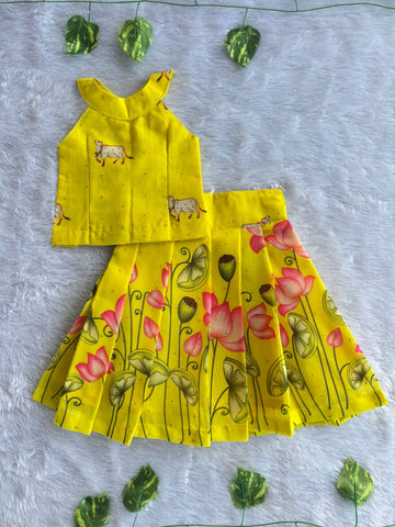 (ETTS037) Bright Yellow Lotus & Cow Printed Top and Lehenga Set