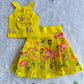(ETTS037) Bright Yellow Lotus & Cow Printed Top and Lehenga Set