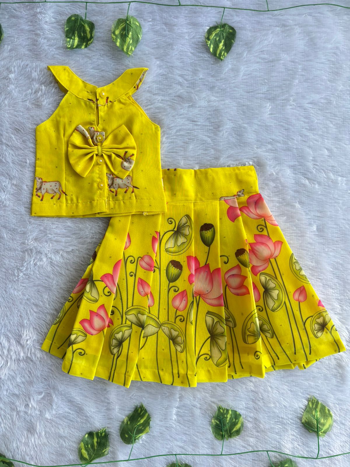 (ETTS037) Bright Yellow Lotus & Cow Printed Top and Lehenga Set