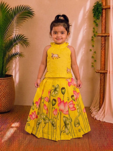 (ETTS037) Bright Yellow Lotus & Cow Printed Top and Lehenga Set