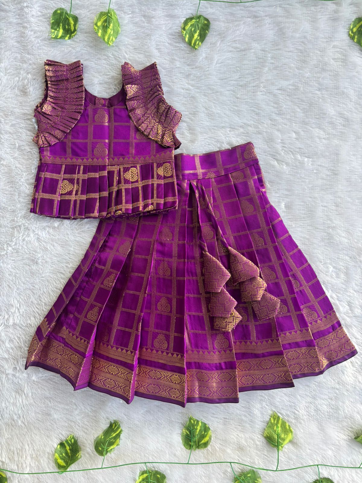 (ETTS038) Royal Purple & Gold Checked Pattu Pavadai Set
