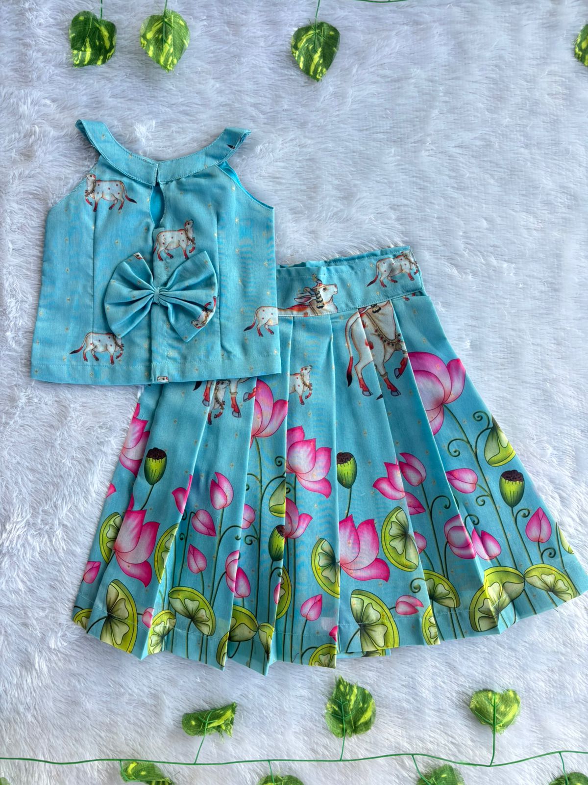 (ETTS036) Sky Blue Lotus & Cow Printed Top and Lehenga Set