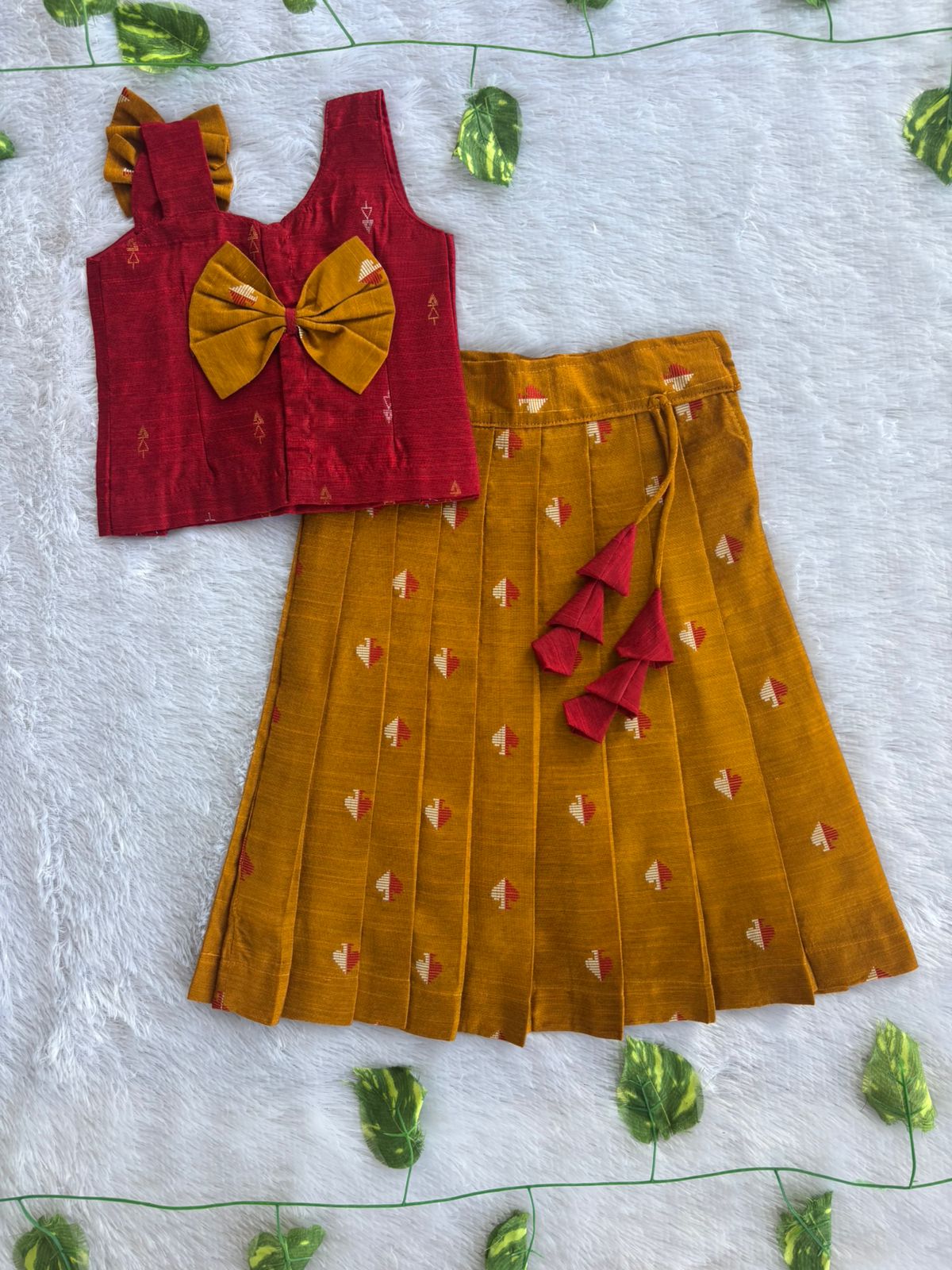 (ETTS040)Radiant Maroon & Mustard Yellow Bow Detail Co-Ord Set