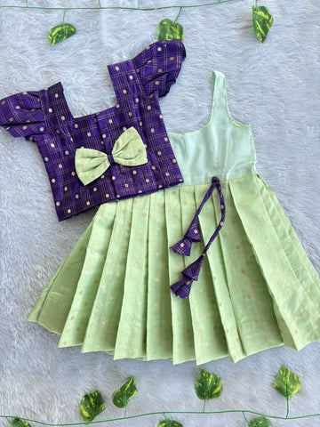 (ETTS042) Vibrant Purple &Sage Green Traditional Pattu Pavadai Set